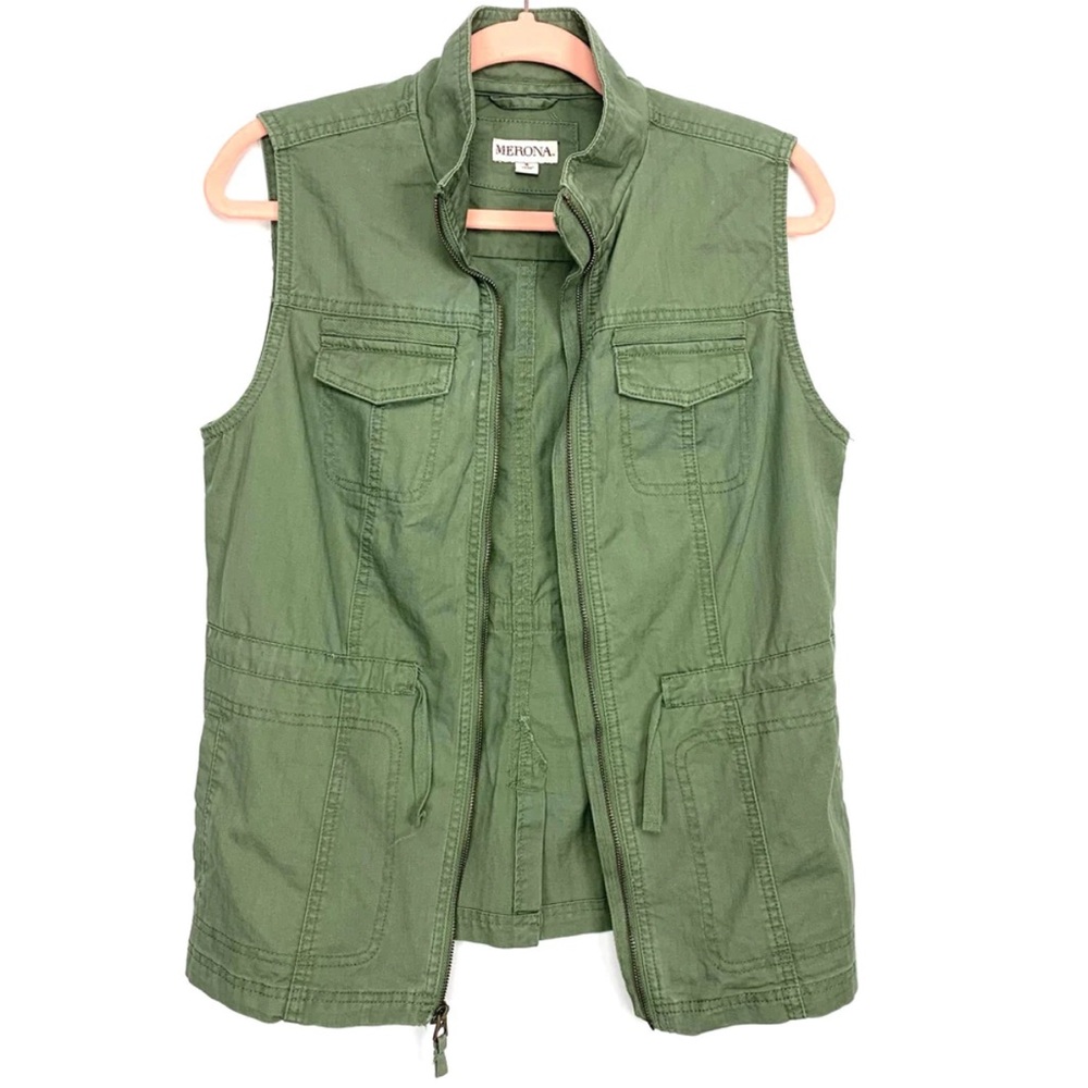 MERONA OLIVE UTILITY DRAWSTRING WAIST ZIP UP VEST- SIZE S